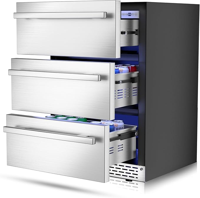 3 Drawer Beverage Refrigerator Undercounter, Hold 180 Cans 24 inch Weather Proof Stainless Steel Beverage Fridge for Outdoor, Built-in & Freestanding Beverage Cooler Fridge for Soda, Beer, Fruit
