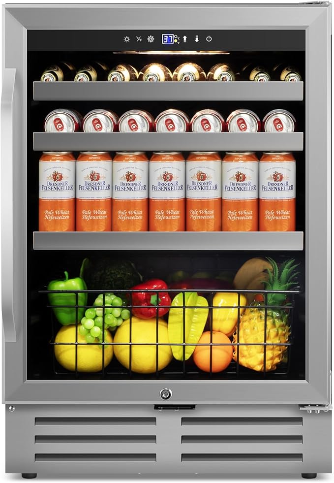 24" Beverage Refrigerator Cooler Under Counter, 180-Can Capacity, 24 Inch Wide Built-In Beer & Drink Fridge with Glass Door With Metal Basket for Home, Bar & Office