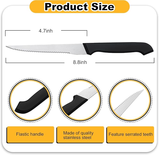 Therwen 50 Pieces 8.8 Inch Serrated Steak Knife Set Pointed Tip Stainless Steel Steak Knife Sharp Blade Flatware for Kitchen Restaurant Camping