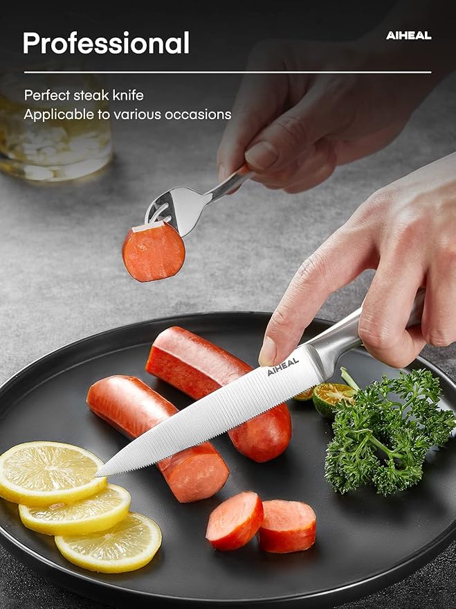 Aiheal Steak Knives, Stainless Steel Steak Knives Set of 12, Never Needs Sharpening Dinner Steak Knife Set, Sharp Micro Serrated Knives