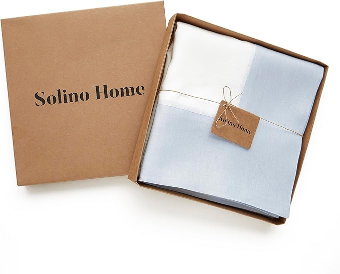 Solino Home Linen Tablecloth 60 x 108 Inch - 100% Pure Linen Light Blue and White Tablecloth for Rectangle Tables - Contempo, Machine Washable Table Cloth for Winter, New Year