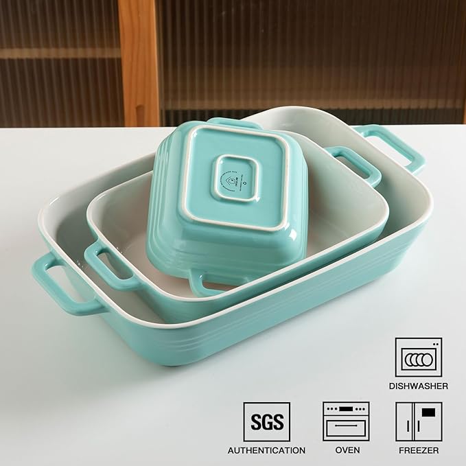 Sweejar Relief Casserole Dishes for Oven, Ceramic 9x13 Baking Pans Set for Cooking, Cake, Banquet and Daily Use, Rectangular Bakeware Set, Porcelain Baking Dish, Lasagna Pan Deep with Handles(Turquoise)