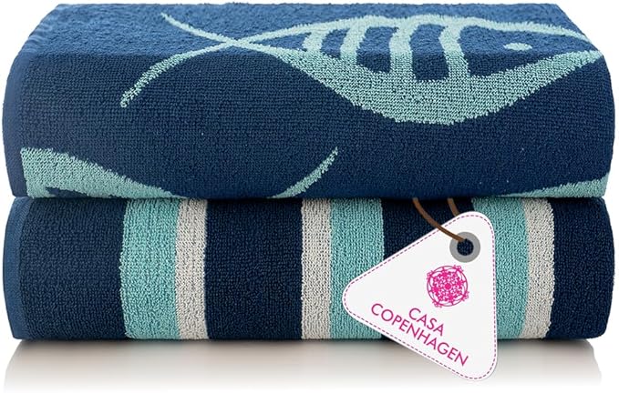 CASA COPENHAGEN Miami Bath Sheets Designed in Denmark Rough and Tough, Quick Dry, for Pool, Bath & Shower 35"x70", 2 Pieces Cotton Beach Towels Set - Fish Navy + Turquoise Stripe