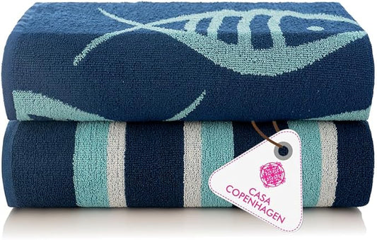 CASA COPENHAGEN Miami Bath Sheets Designed in Denmark Rough and Tough, Quick Dry, for Pool, Bath & Shower 35"x70", 2 Pieces Cotton Beach Towels Set - Fish Navy + Turquoise Stripe