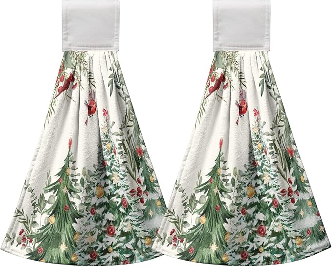 Winter Holly Green Hanging Kitchen Towels Xmas Tree Hand Tie Towel Cardinal Christmas Hanging Dish Towels Soft Absorbent Washcloth for Kitchen Bathroom Laundry