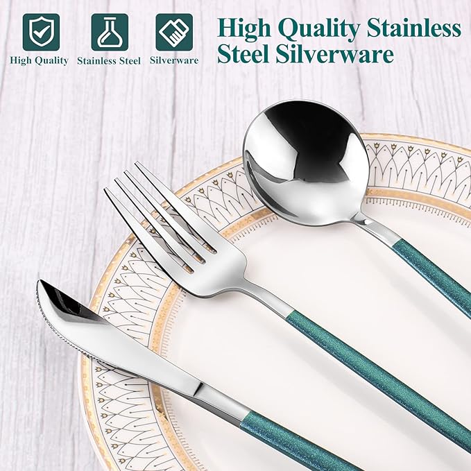 Mirror Silver Green Silverware Set, 20-Piece Stainless Steel Flatware Set, Satin Finish tableware Cutlery Set, Service for 4, Home and Restaurant, Dishwasher Safe