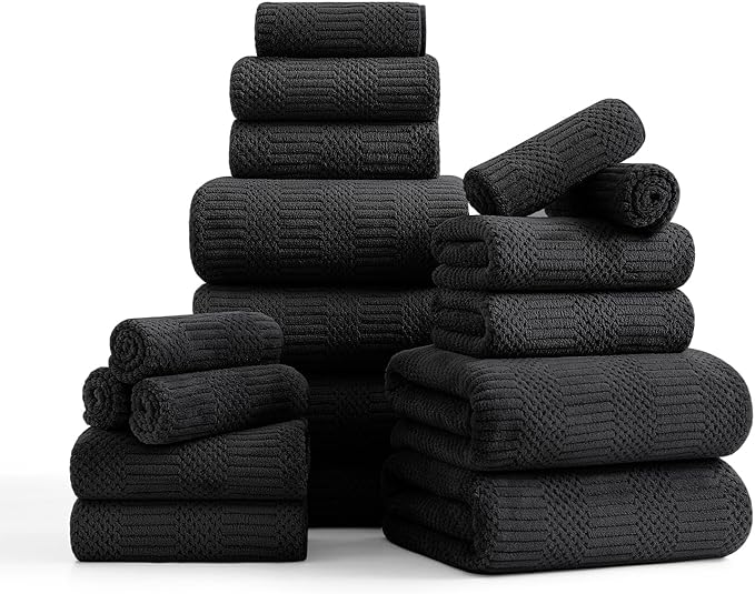 18 Pcs Black Woven Family Towels Set-6 Bath Sheets,6 Hand Towels,6 Washcloths Soft Polyester Towels Absorbent Shower Towel Quick Dry Beach Chair Towel Lint Less Towels Set for Bathroom Spa Gym Hotel