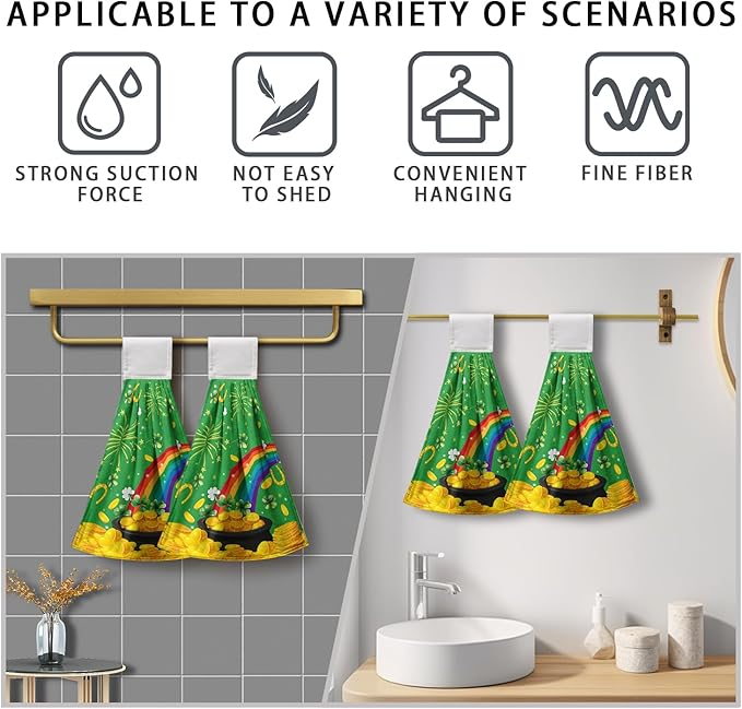 St. Patrick's Day Hanging Kitchen Towels Shamrock Lucky Rainbow Hand Towel with Loop St Patricks Day Gold Coin Dish Tea Tie Towels Soft Absorbent Green Spring Decor for Home Holiday