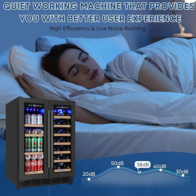 Wine and Beverage Refrigerator 24", Upgraded Dual Zone Wine Beverage Cooler with Glass Door and French Door, Large Capacity Beer Fridge Holds 21 Bottles & 88 Cans, Built-In or Freestanding - Black