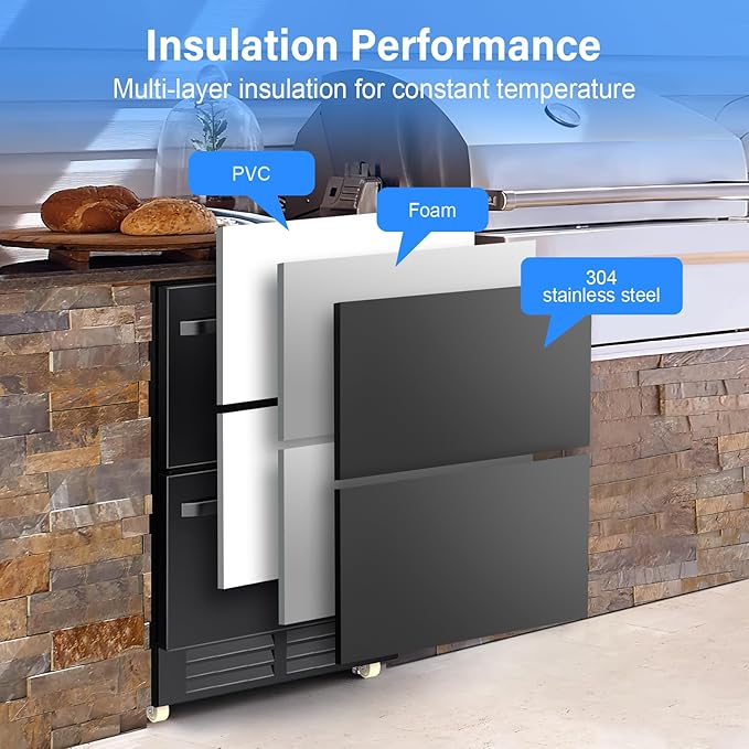 24 Inch Outdoor Refrigerator for Patio with Wheels-Under Counter Dual Drawer Beverage fridge with Stainless Steel Door, Built-In/Freestanding Drink Cooler for Outdoor/Indoor, Weatherproof, Black