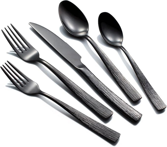20-Piece Black Silverware Set for 4, CITESANA Heavy Duty Stainless Steel Flatware Set with Ripple Handles, Mirror Polished Kitchen Cutlery Set