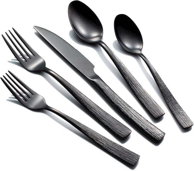 40-Piece Black Silverware Set for 8, CITESANA Heavy Duty Stainless Steel Flatware Set with Ripple Handles, Mirror Polished Kitchen Cutlery Set