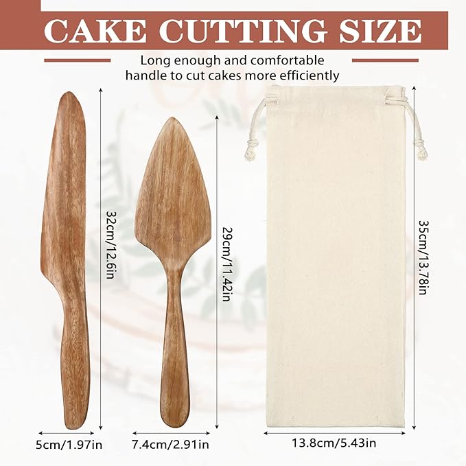 Norme Wedding Cake Knife and Server Set Rustic Wedding Cake Cutting Set, Wooden Cutter and Pie Server Spatula with Drawstring Bag for Bridal Reception Birthday Party Baby Shower