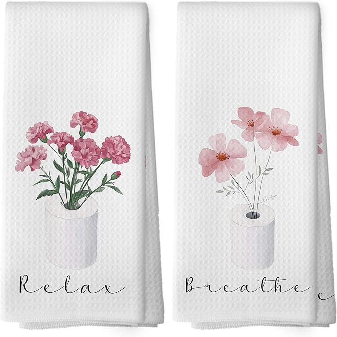 Pink Floral Bathroom Hand Towels, Cottagecore Botanical Roll Paper Hand Towel for Bathroom Decor, Relax Breath Pink Flower Decorative Towels for Washroom Toilet 16x24 Inch Set of 2