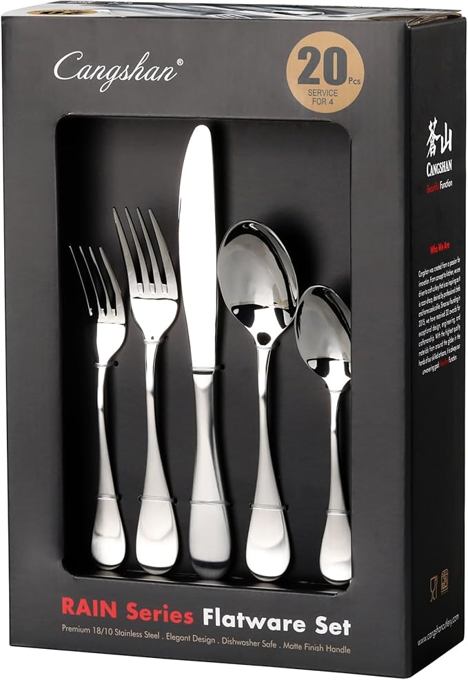 Cangshan RAIN Series Stainless Flatware Set, Window Box, Matte Finish Handle (20-Piece)