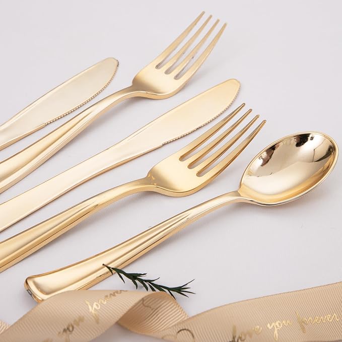 Liacere 200Pcs Gold Plastic Silverware-Gold Plastic Cutlery - Disposable Silverware include 100 Forks 50 Spoons 50 Knives Perfect for Parties & Weddings & Restaurants &Christmas & New Year