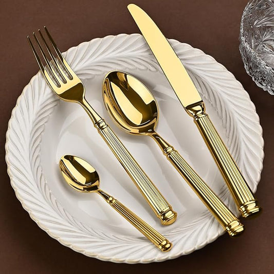 Gold Silverware Set for 12 Flatware Set 48 Pieces Luxury Tableware Set Roman Column Handle Knives and Forks spoons 18/10 Stainless Steel Cutlery Utensil Sets for Home Restaurant Dishwasher Safe