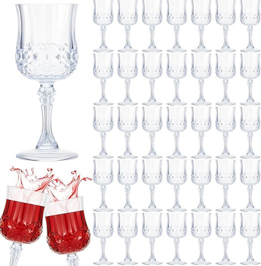Pinkunn 50 Pcs 7 oz Plastic Vintage Wine Glasses Reusable Colored Goblets Patterned Drinking Water Glasses Cup Dishwasher Safe for Christmas Wedding Reception Party Supplies (Transparent)