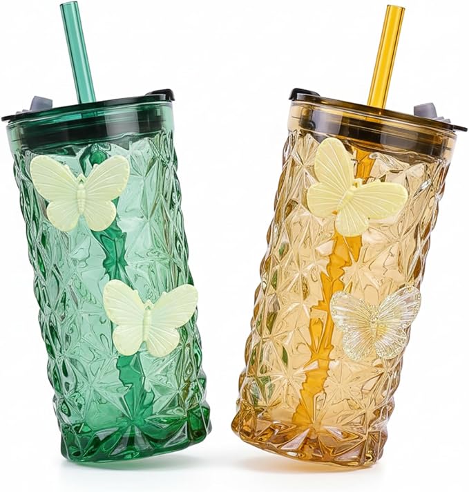 2 Pcs Glass Cups with Lids and Straws, 10oz Glass Tumblers, Butterfly Cups, Green Drinking Glasses, Amber Glassware