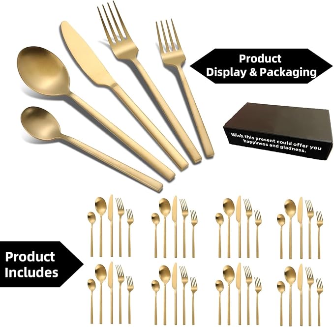 40-Piece Gold Silverware Set, Rectangular Flatware Set for 8, Matte Stainless Steel Cutlery Set, Food-Grade Utensils Set, for Home Kitchen Restaurant, Dishwasher Safe