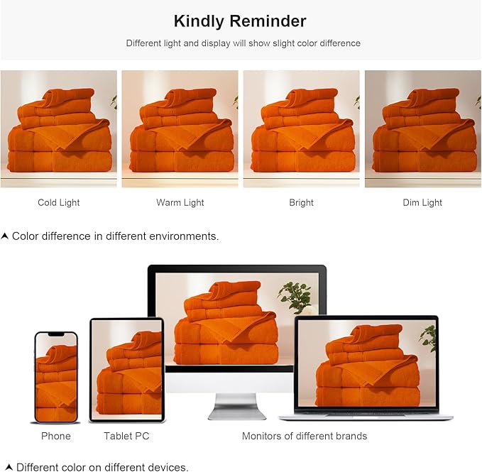 COZYART Orange Bath Towel Set 6 Piece, 2 Bath Towels 2 Hand Towels 2 Washcloths, Luxury 100% Turkish Cotton 650GSM Hotel Quality, Soft, Absorbent, Towel Sets for Bathroom