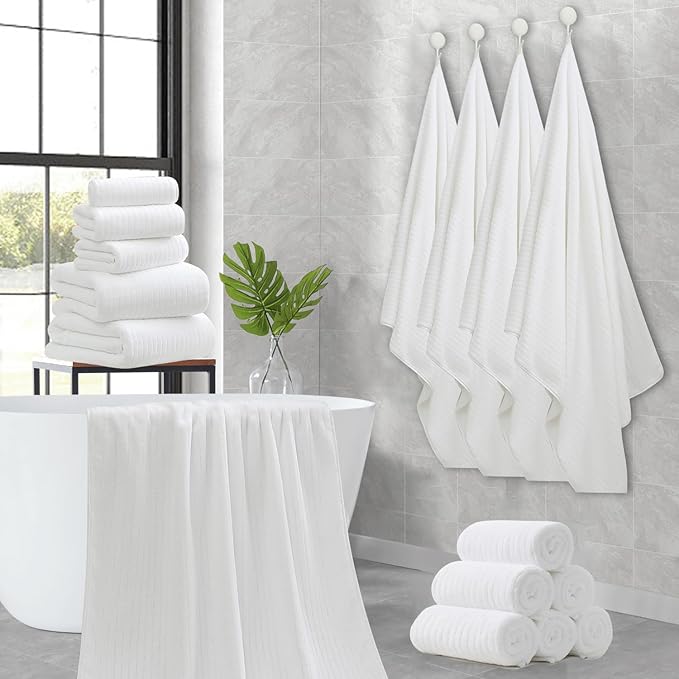 18 Piece Family Bath Towel Set Include 6 Bath Towels,6 Hand Towels and 6 Washcloths Soft Bathroom Towel with Hanging Loops,Highly Absorbent Quick Dry Towels Set for Bathroom,Hotel and Spa-White
