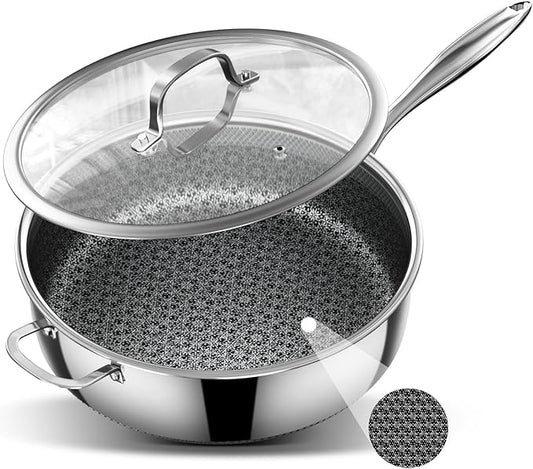 5 Qt Sauté Pan with Lid, 10-inch 5 Ply Stainless Steel Sauce Pan with Lid, Non Stick Frying Pans, Cooking Pot Deep Frying Pan Non-Toxic, For Induction, Oven, Dishwasher Safe