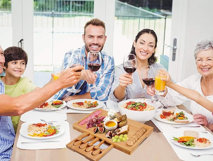 Bamboo Cheese Board and Knife Set with Slid-Out Drawer - Wood Charcuterie Platter Serving Tray for for Wine, Meat & Crackers, Perfect for Wedding Anniversary Housewarming & Entertaining