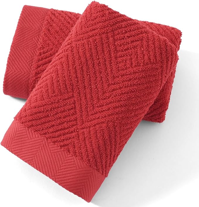 sense gnosis Red Hand Towel Set of 2 Premium 100% Cotton Herringbone Striped Weave Ultra Soft Highly Absorbent Hand Towel for Bathroom 13 X 29 Inch