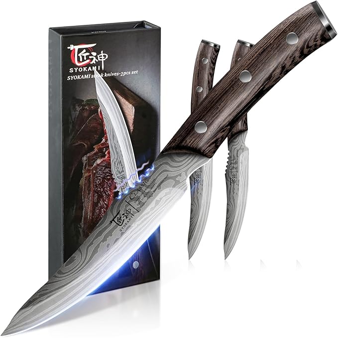 Steak Knives Set of 2, 4.8 Inch High End Japanese Style Fine Edge Meat Knife with Wood Handle, Damascus Pattern Full Tang Design, Super Sharp Dinner Knives with Exquisite Box, Cooking Gifts