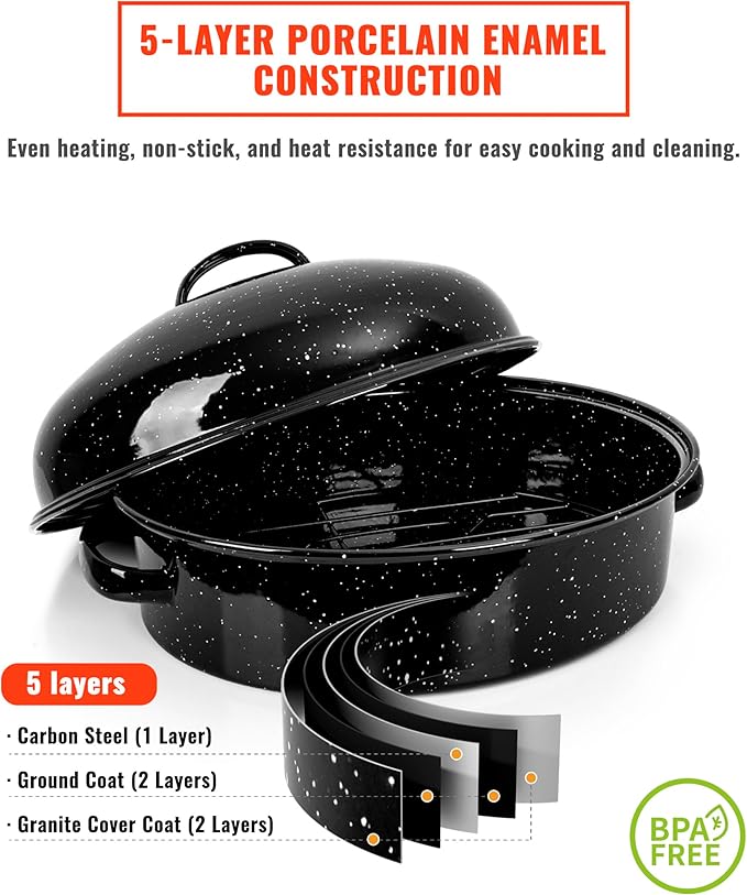 Roasting Pan with Lid & Rack 18 Inch Extra Large Deep Oven Baking Pot, Enamel Granite NonStick Oval Carbon Steel Potato Roaster Pot for Turkey Chicken Steak NonToxic Perfect for Christmas Party