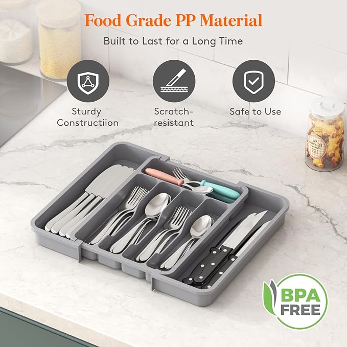 Lifewit Silverware Drawer Organizer, Expandable BPA Free Utensil Tray for Kitchen, Adjustable Flatware and Cutlery Holder for Spoons Forks Knives, Plastic Kitchen Organizers and Storage, Gray
