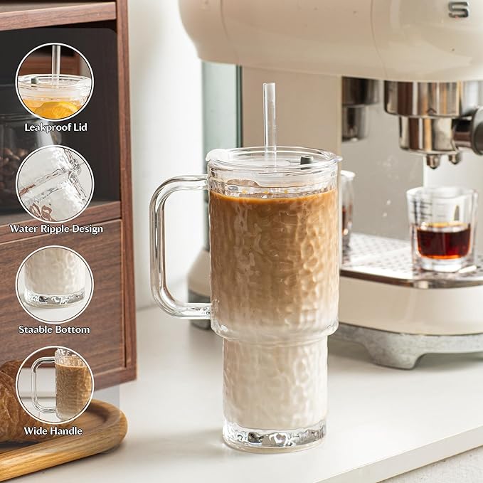 INSETLAN 26oz Water Ripple Glass Tumbler with Handle and Lid, Set of 2 – Reusable Iced Coffee Cups with Lids, Clear Glass Cups with Straw for Coffee, Smoothies, Tea, Juice – Perfect for any Occasion