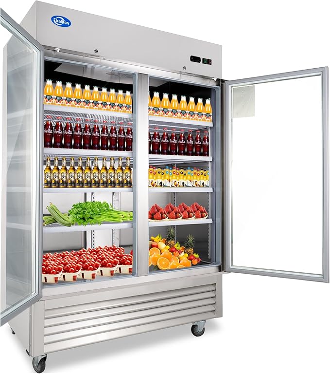 49Cu.Ft Commercial Refrigerator Merchandiser, 54" Display Refrigerator with 2 Glass Doors, Upright Fridge Stainless Steel Cooler with LED Lighting for Restaurant Kitchen