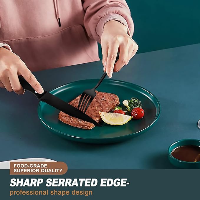 EUIRIO 48-Piece Matte Black Silverware Set with Steak Knives, Black Flatware Set for 8, Stainless Steel Forks and Spoons Silverware Sets, Black Cutlery Utensils Set, Satin Finish & Dishwasher Safe