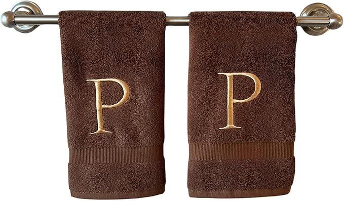 Brown Initial Hand Towel for Bathroom - Monogrammed Luxury Hotel Quality Decorative Embroidered Towel for Powder Room, Spa - GOTS Organic Certified - Set of 2 Beige Letter P