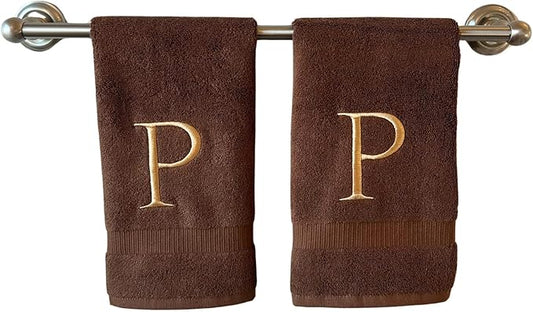 Brown Initial Hand Towel for Bathroom - Monogrammed Luxury Hotel Quality Decorative Embroidered Towel for Powder Room, Spa - GOTS Organic Certified - Set of 2 Beige Letter P