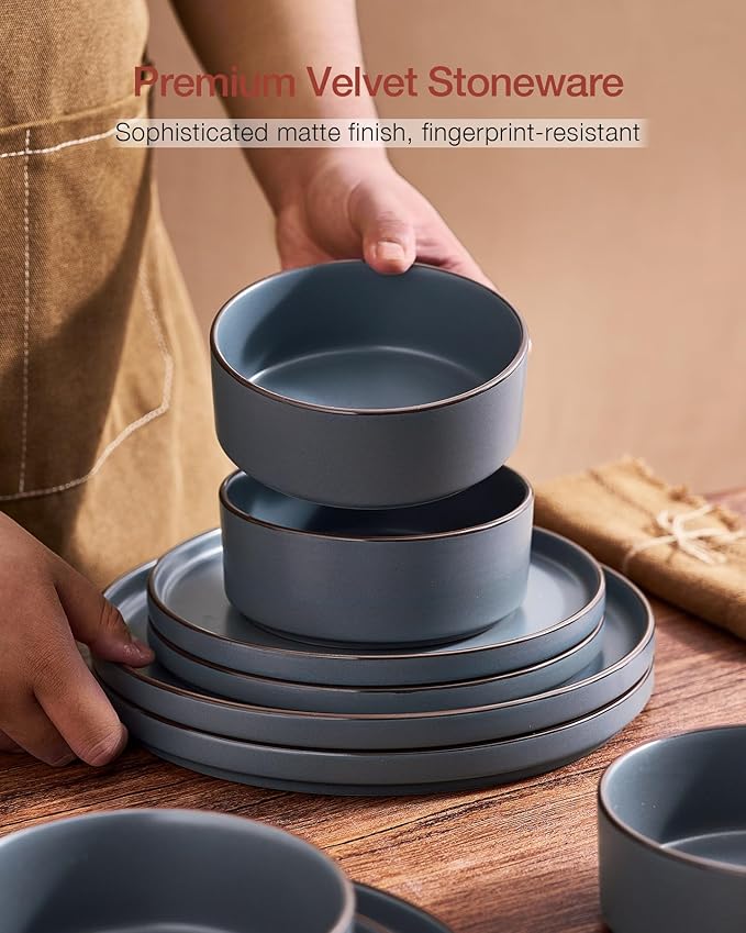 Famiware Nebula Ridge Stoneware Dinnerware Sets for 8, 24 Pieces Plates and Bowls Sets, Dishes Set, Microwave and Dishwasher Safe Kitchen Plates, Charcoal