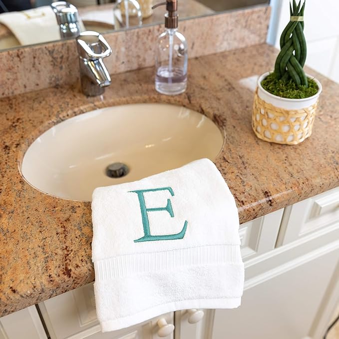 White Monogram Hand Towel for Bathroom - Monogrammed Initial Hotel Quality Decorative Embroidered Luxury Towel for Powder Room, Spa - GOTS Organic Certified - Set of 2 Teal Letter E