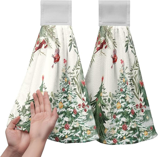 Winter Holly Green Hanging Kitchen Towels Xmas Tree Hand Tie Towel Cardinal Christmas Hanging Dish Towels Soft Absorbent Washcloth for Kitchen Bathroom Laundry