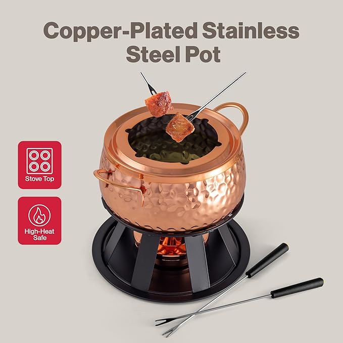 Swissmar Biel 11-Piece Copper-Plated Fondue Set – Hammered Finish – Ideal for Oil & Broth Cooking – Perfect for Entertaining, Kitchen Collections & Wedding Gifts – 2 Liter / 2.1 Quarts