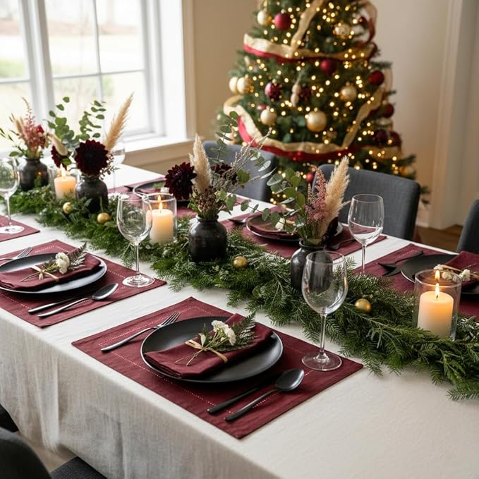 D'Moksha Homes Linen Placemats Set of 4 - Classic Hemstitch Dark Red Placemats 14 x 19 Inch - 100% Pure Linen Table Mats for Winter, Holiday, New Year - Handcrafted and Machine Washable