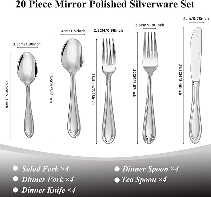 Silverware Set, 20 Piece Flatware Cutlery Set for 4,18/0 Stainless Steel Utensils,Mirror Polished Dishwasher Safe, Modern Tableware for Home, Restaurant, Wedding, Party