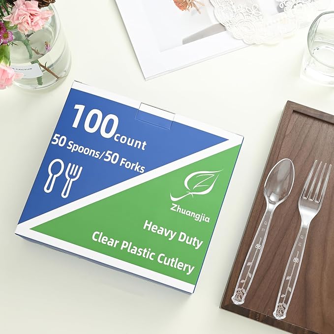 100 Count Plastic Silverware Heavy Duty 50Forks50Spoons | Shatterproof BPA-Free Disposable Cutlery Heat Resistant Disposable Plastic Utensils for Catering & Events, Party Supplies