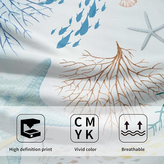 Imiss Nautical Coastal Starfish Bathroom Towels 14.4 x 28.3 Inch Ocean Themed Seashell Coral Decorative Soft Small Bath Fingertip Towels Set of 2 for Home Kitchen Hotel Decor