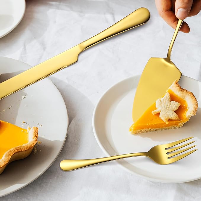 Gold Serving Utensils Set Stainless Steel Large Silverware 7 Piece Include Big Spoon Fork Cake Server Knife Pizza Spatula Pefect for Buffet Catering Flatware