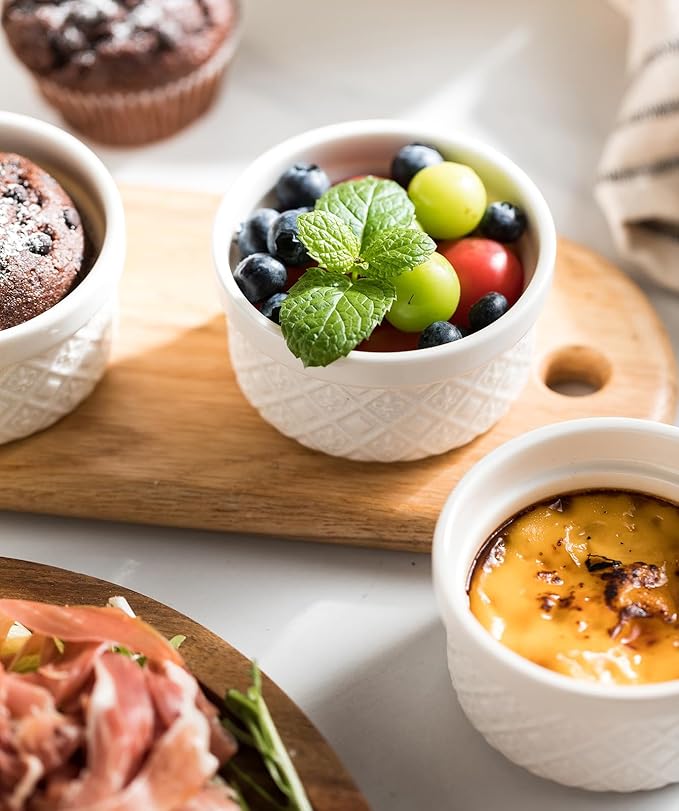 Ramekins 6 oz with Lids Oven Safe, Small Creme Brulee Ramekins with Covers, Ceramic Ramekin Set of 4, Mini Prep Pinch Bowls - Dishwasher and Oven Safe, White