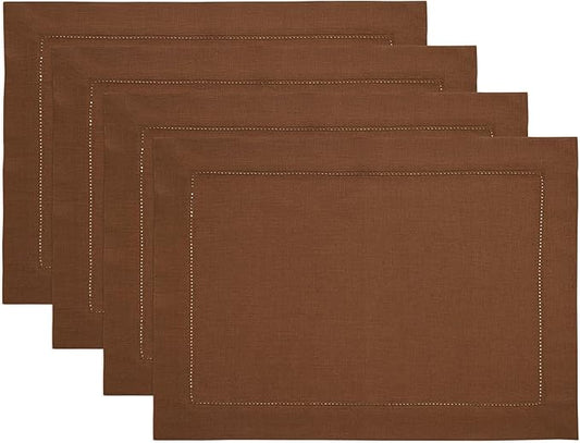 Solino Home Linen Placemats Set of 4 - Classic Hemstitch Brown Placemats 14 x 19 Inch - 100% Pure Linen Table Mats