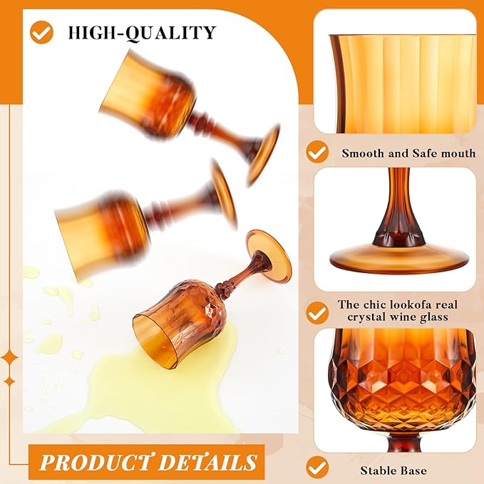 Pinkunn 6 Pcs 7 oz Plastic Vintage Wine Glasses Reusable Colored Goblets Patterned Drinking Water Glasses Cup Dishwasher Safe for Christmas Wedding Reception Party Supplies (Amber)