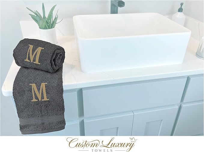 Monogrammed Hand Towels for Bathroom | Luxury Turkish Cotton | Embroidered in USA | Set of 2 | Choose Set Color and Monogram Color | A - Z | Modern Font